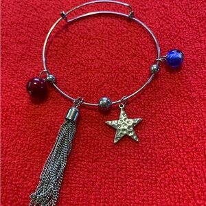 Silver Star Tassel Charm Bracelet - Red and Blue Beads